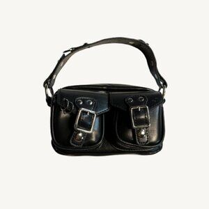 Tiny Black Pleather Bag with Silver Details, Small Purse Short Handle